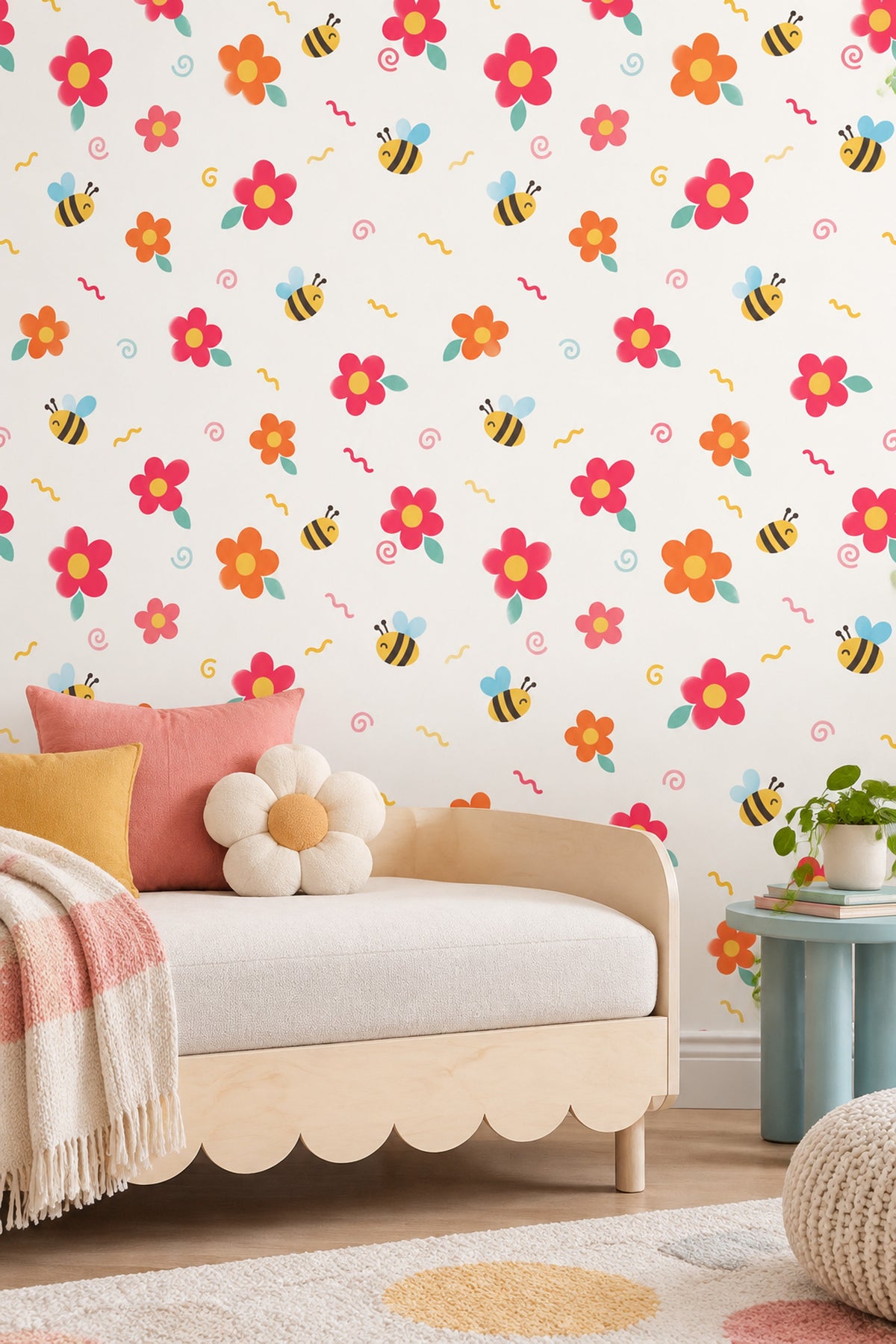 Cartoon Bees And Large Flowers Wallpaper Cream Background Pastels