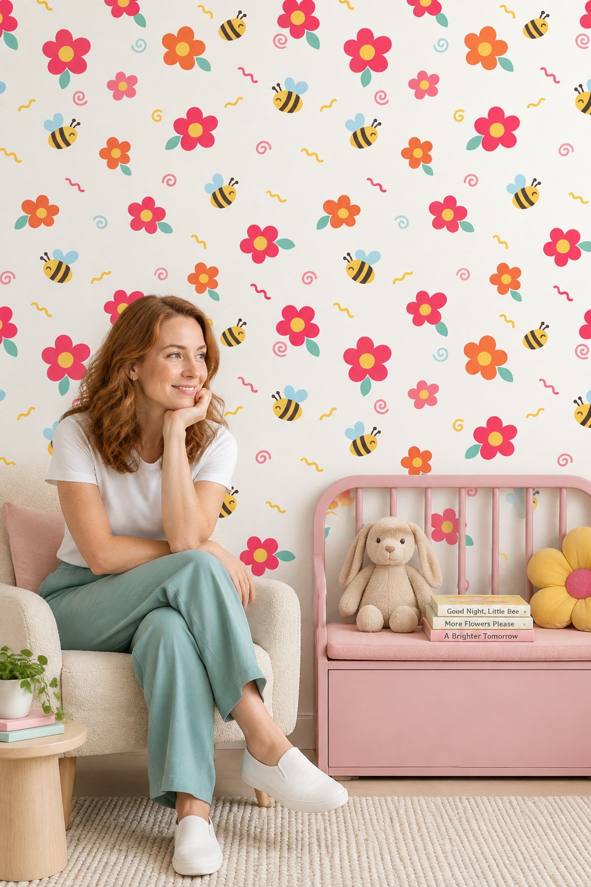 Cartoon Bees And Large Flowers Wallpaper Cream Background Pastels