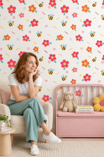 Cartoon Bees And Large Flowers Wallpaper Cream Background Pastels