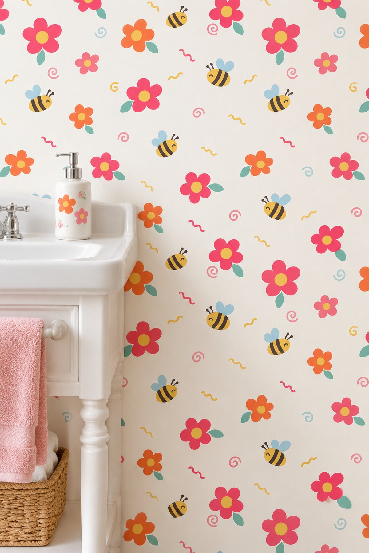 Cartoon Bees And Large Flowers Wallpaper Cream Background Pastels