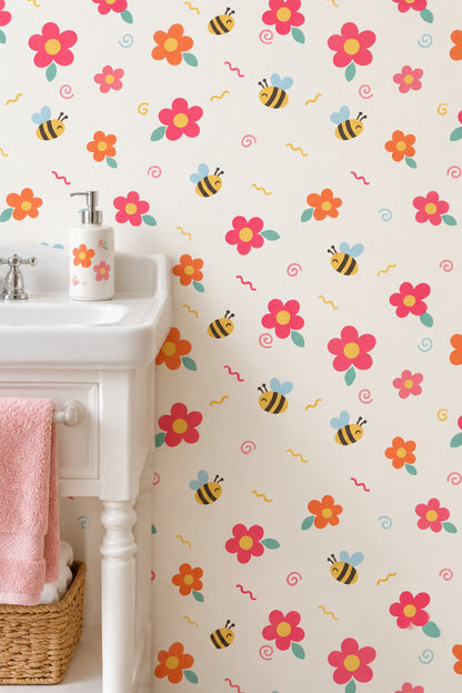 Cartoon Bees And Large Flowers Wallpaper Cream Background Pastels