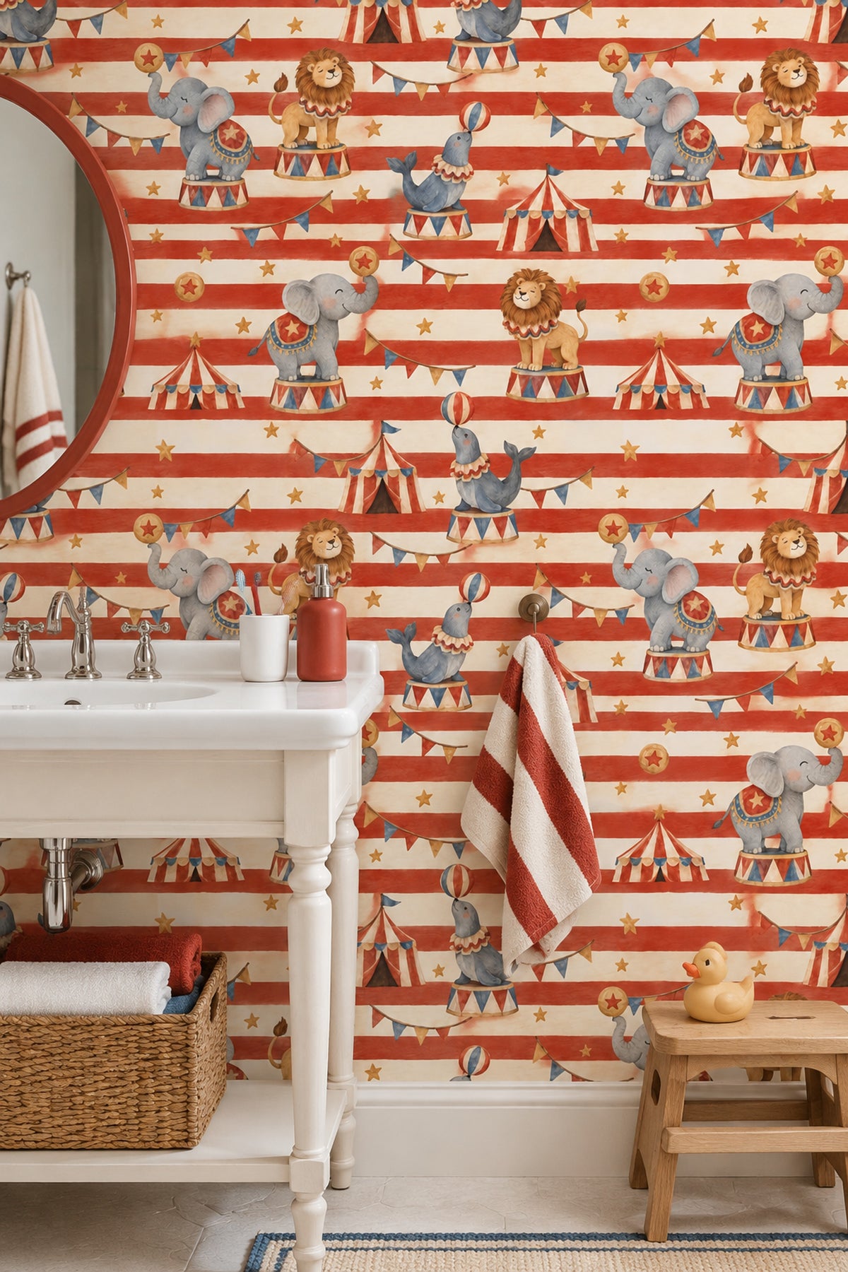 Circus Animals Wallpaper Red Stripes Watercolor