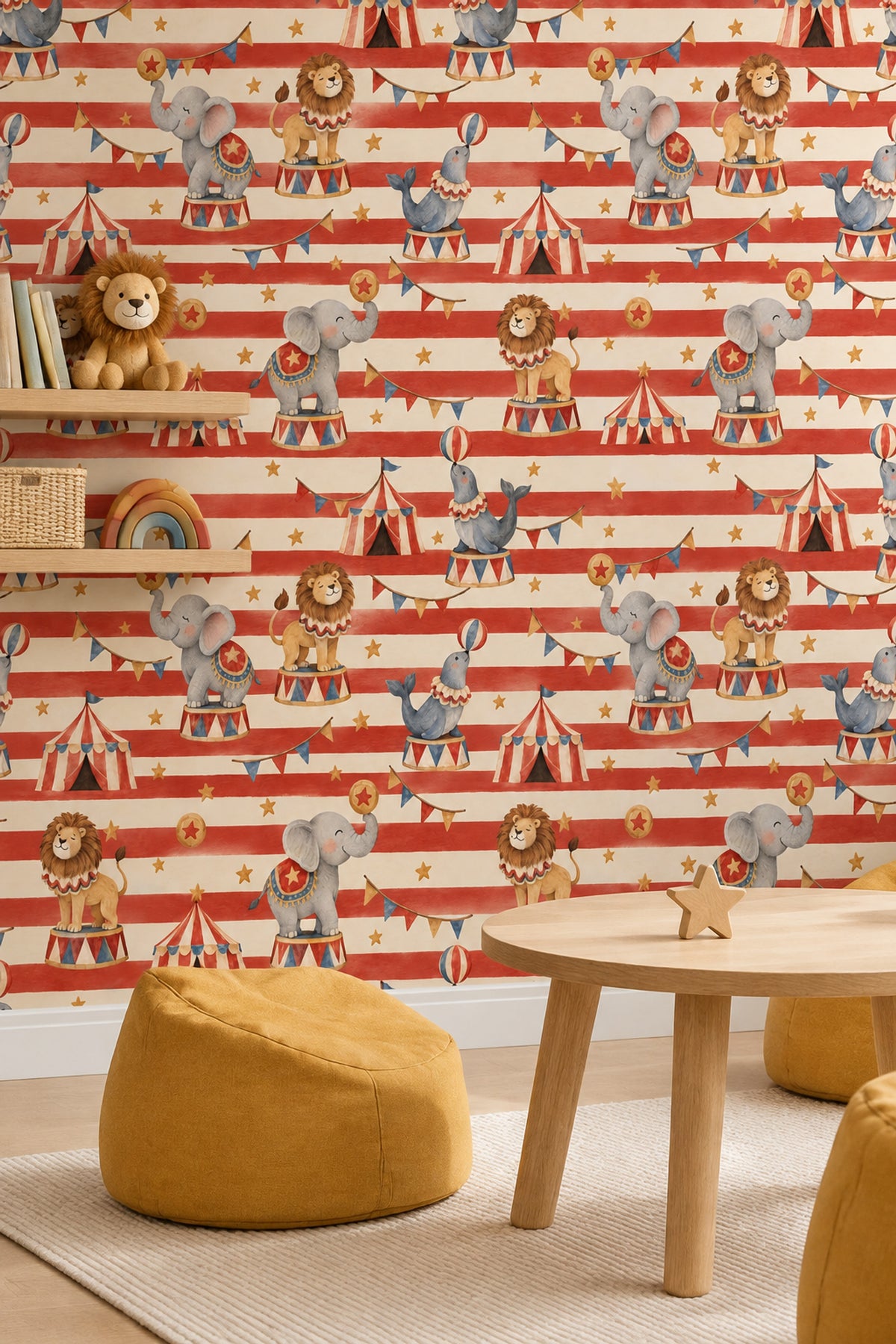 Circus Animals Wallpaper Red Stripes Watercolor