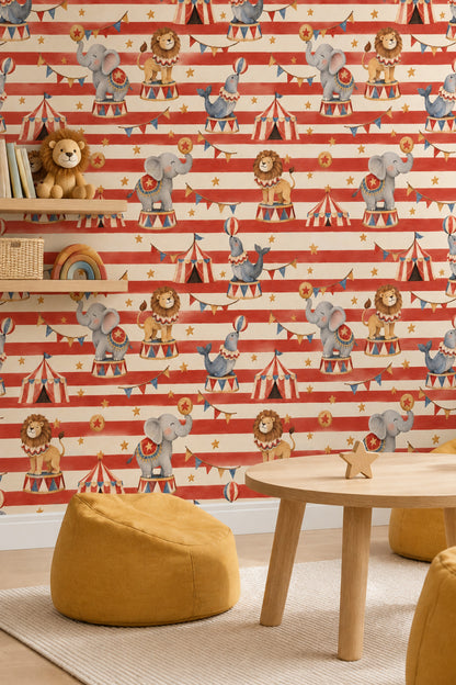 Circus Animals Wallpaper Red Stripes Watercolor