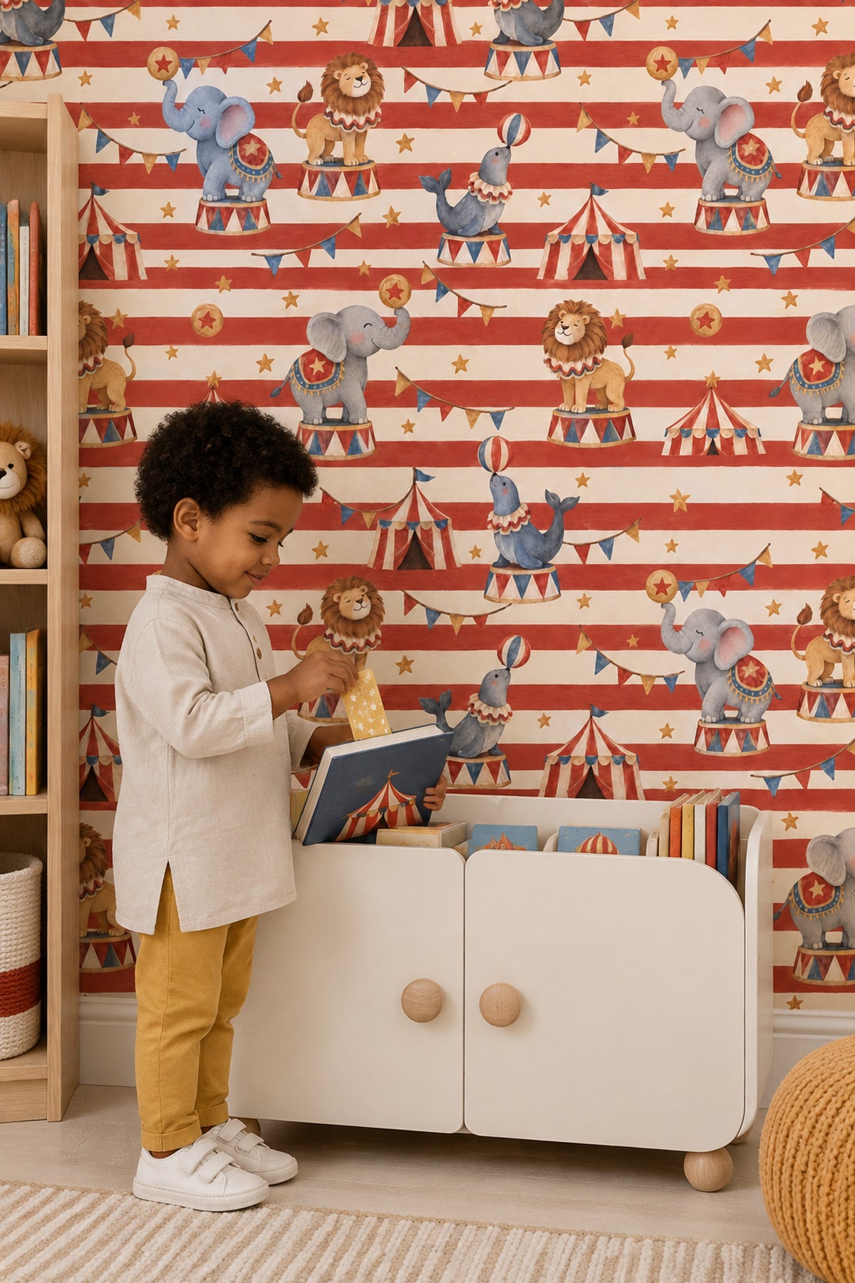 Circus Animals Wallpaper Red Stripes Watercolor