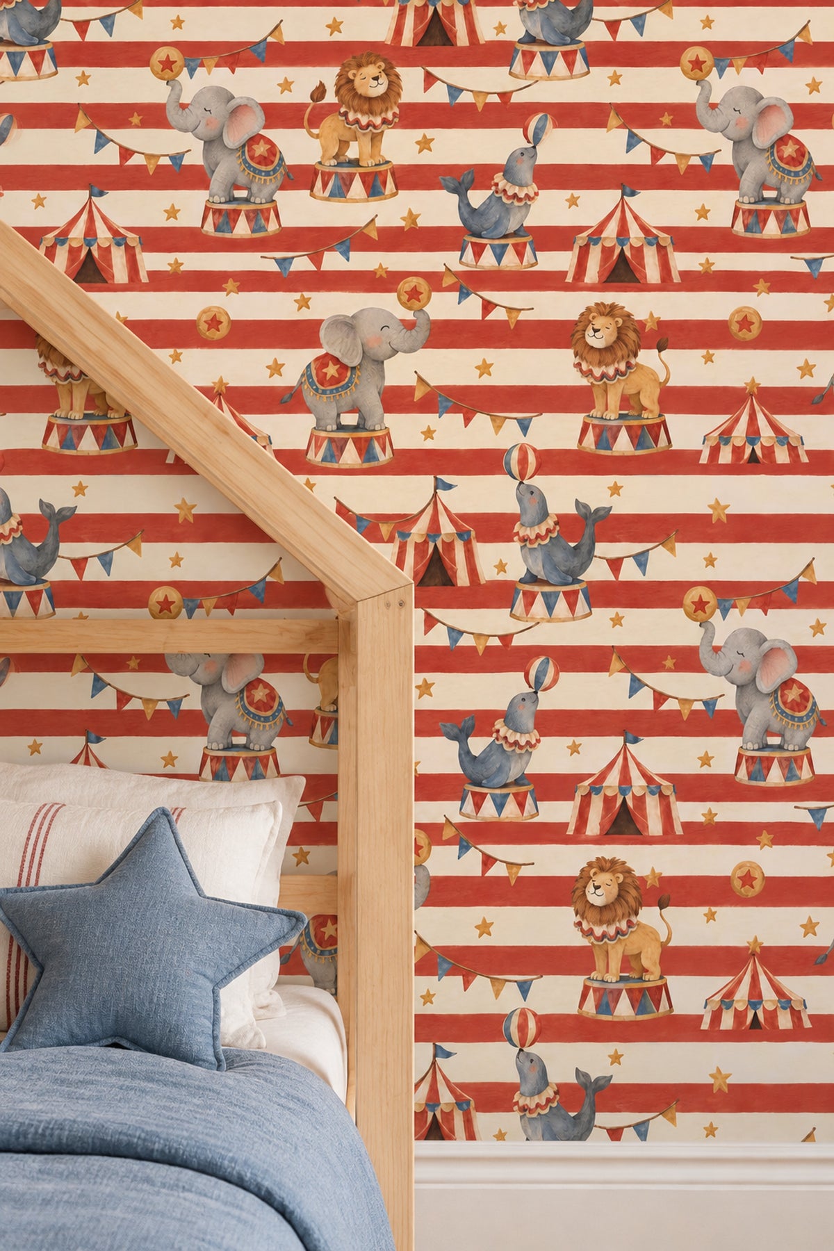 Circus Animals Wallpaper Red Stripes Watercolor