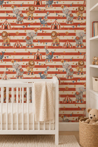Circus Animals Wallpaper Red Stripes Watercolor