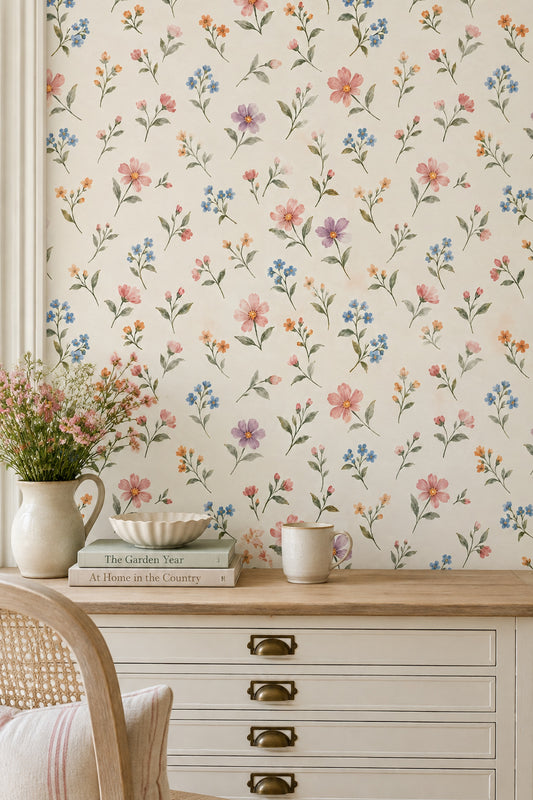 Watercolor Wildflower Branches Wallpaper Cream Background