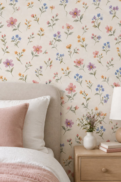 Watercolor Wildflower Branches Wallpaper Cream Background