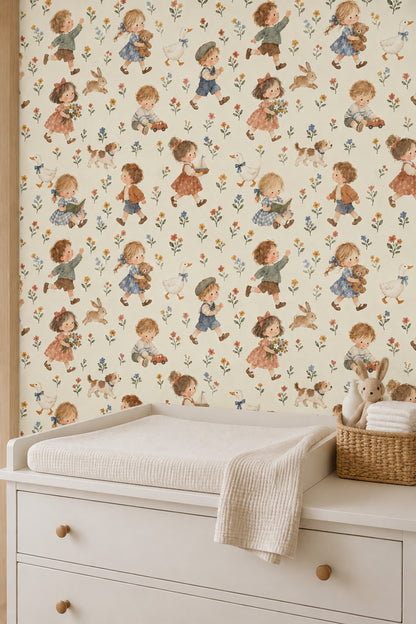 Watercolor Children And Animals Wallpaper Pastel Floral On Cream