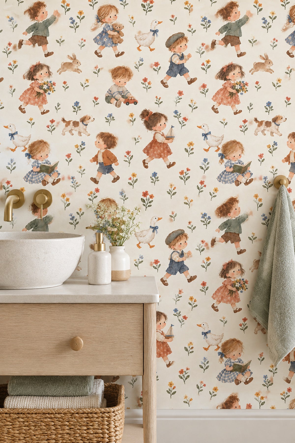 Watercolor Children And Animals Wallpaper Pastel Floral On Cream