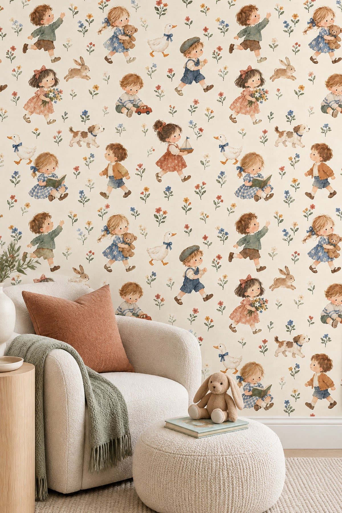 Watercolor Children And Animals Wallpaper Pastel Floral On Cream