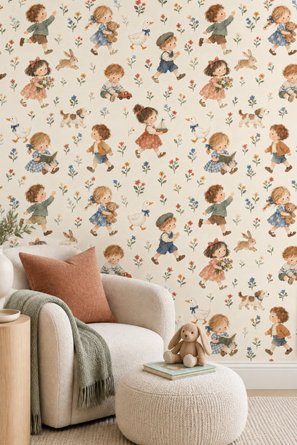 Watercolor Children And Animals Wallpaper Pastel Floral On Cream