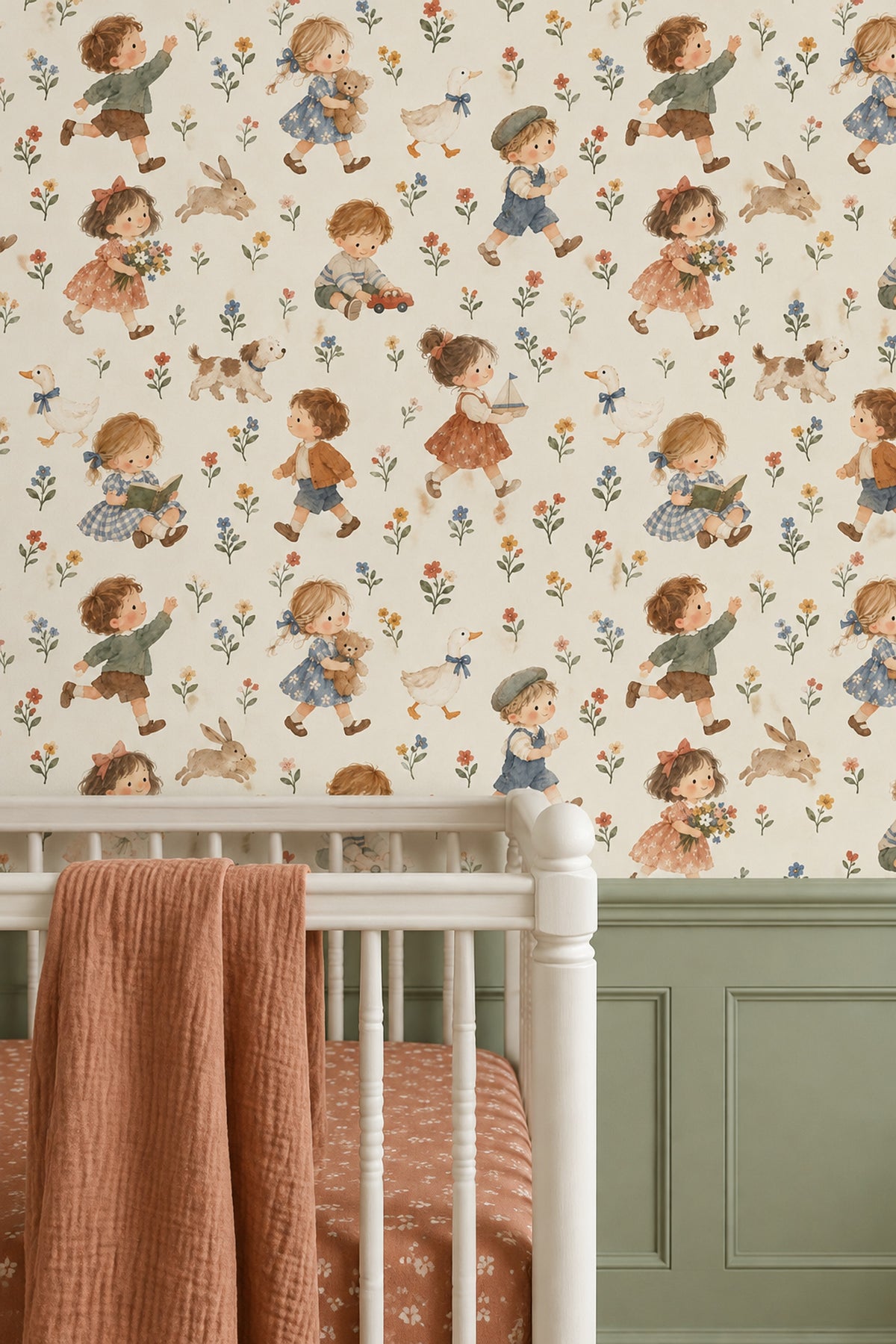 Watercolor Children And Animals Wallpaper Pastel Floral On Cream