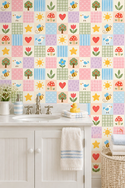 Bees And Birds Patchwork Wallpaper Pastel Watercolor Nursery Blocks