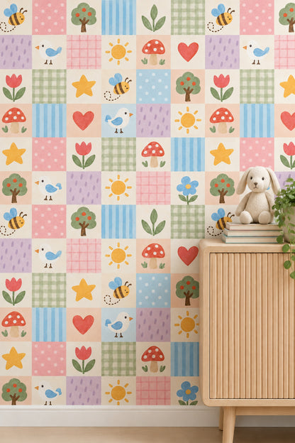 Bees And Birds Patchwork Wallpaper Pastel Watercolor Nursery Blocks