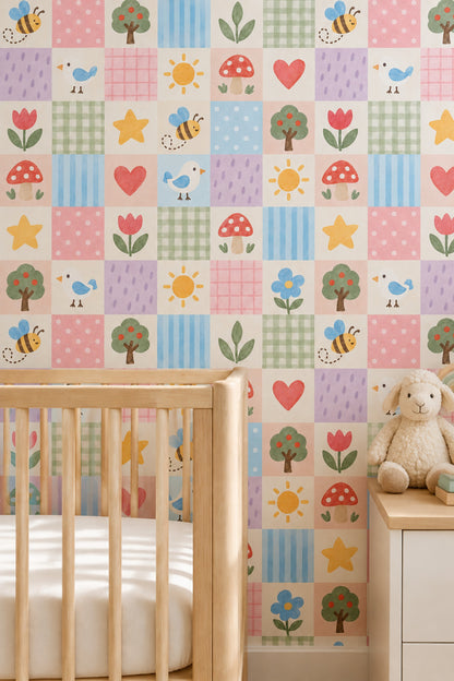 Bees And Birds Patchwork Wallpaper Pastel Watercolor Nursery Blocks