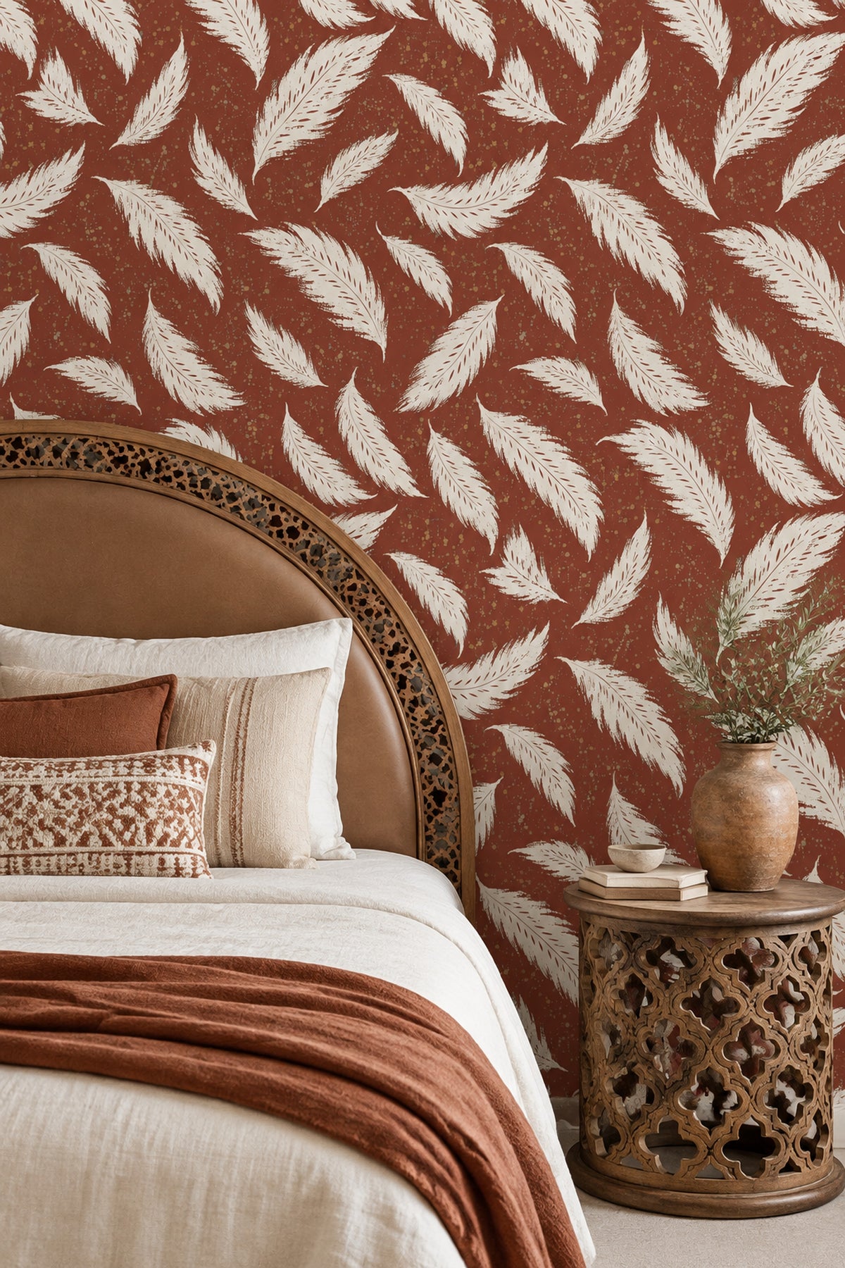 Ivory Feathers Wallpaper Terracotta Speckled Vintage Inspired Pattern