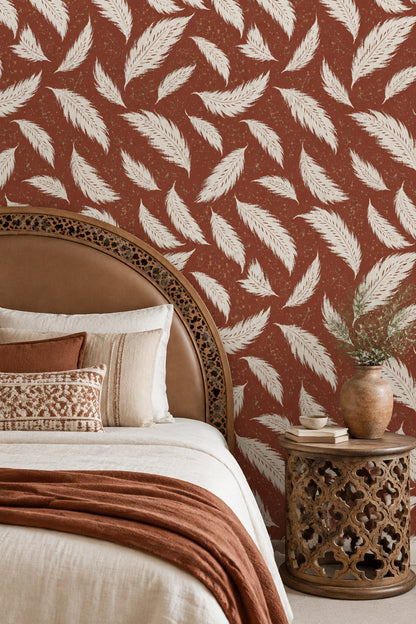Ivory Feathers Wallpaper Terracotta Speckled Vintage Inspired Pattern