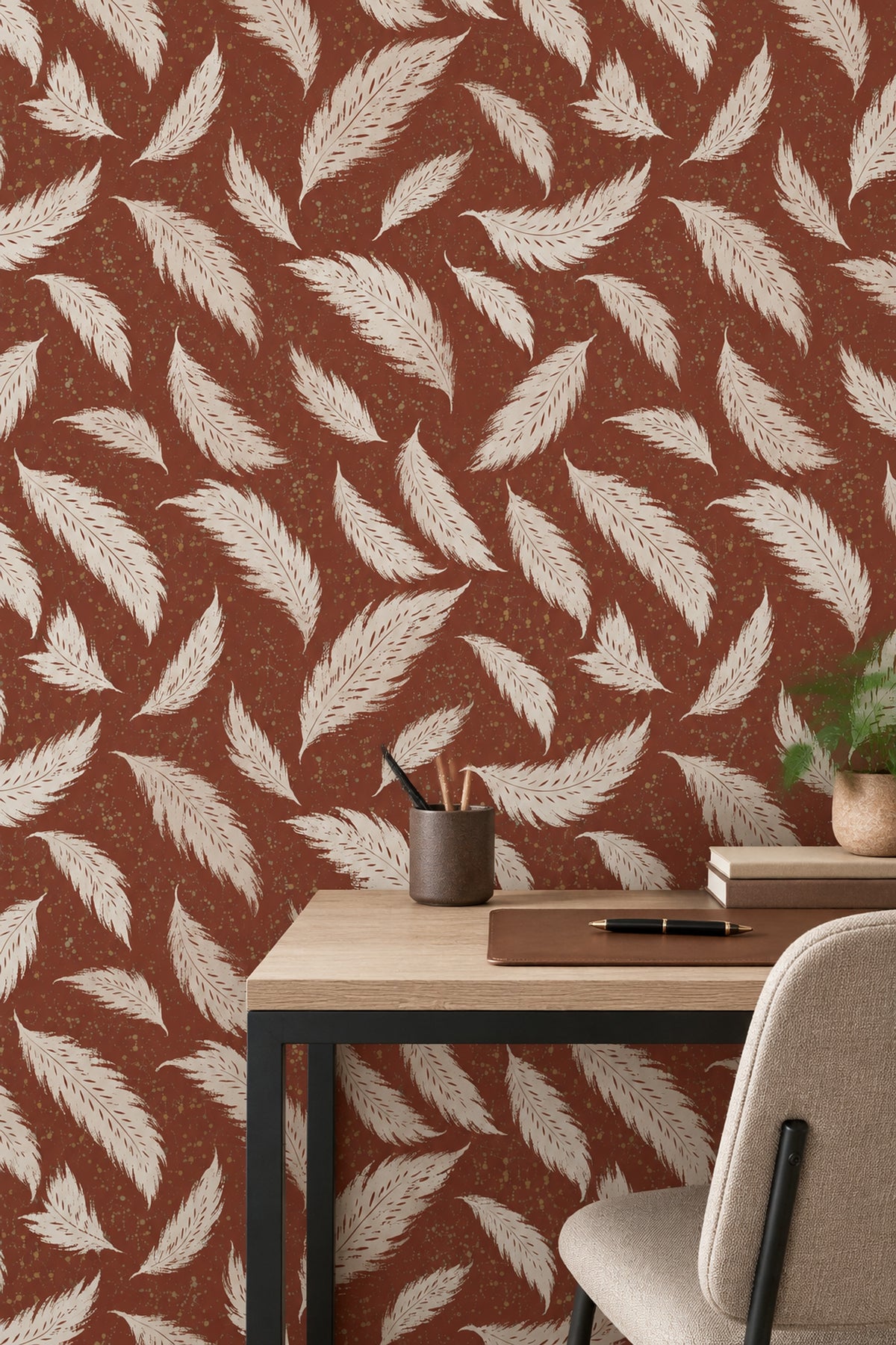 Ivory Feathers Wallpaper Terracotta Speckled Vintage Inspired Pattern