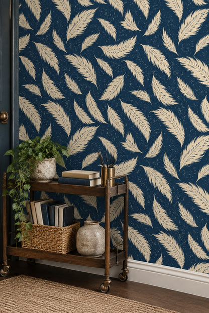 Cream Feather Wallpaper On Dark Navy Speckled Background