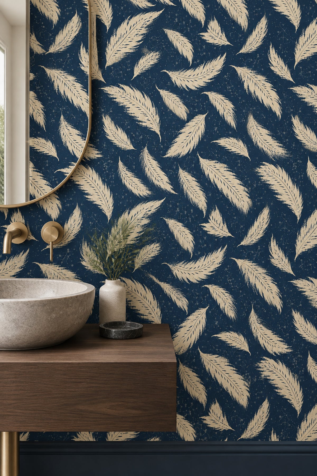Cream Feather Wallpaper On Dark Navy Speckled Background