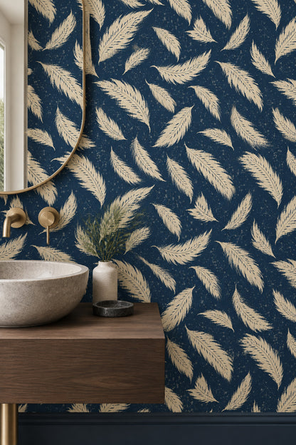 Cream Feather Wallpaper On Dark Navy Speckled Background