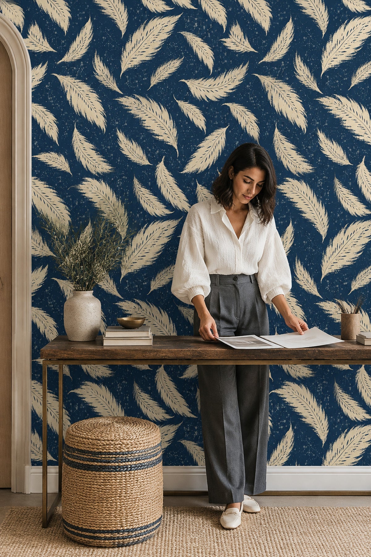 Cream Feather Wallpaper On Dark Navy Speckled Background