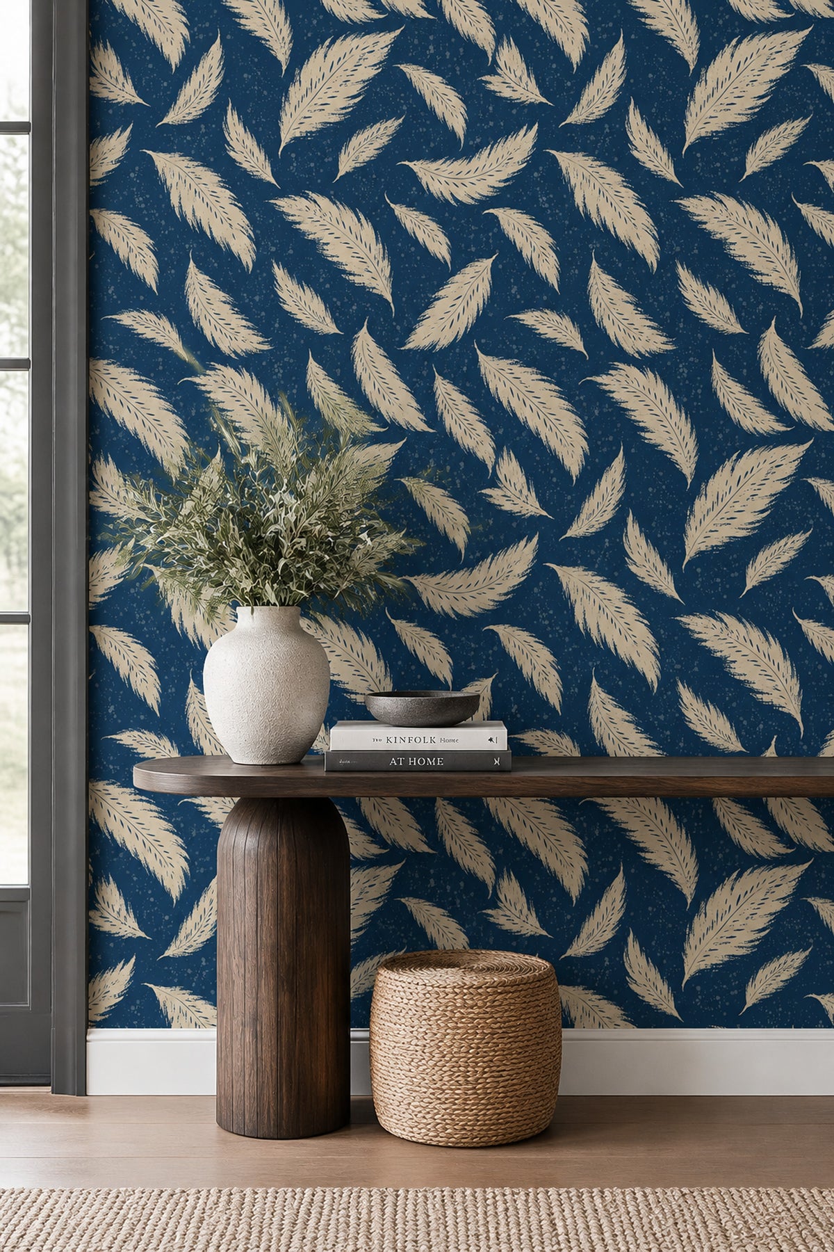 Cream Feather Wallpaper On Dark Navy Speckled Background