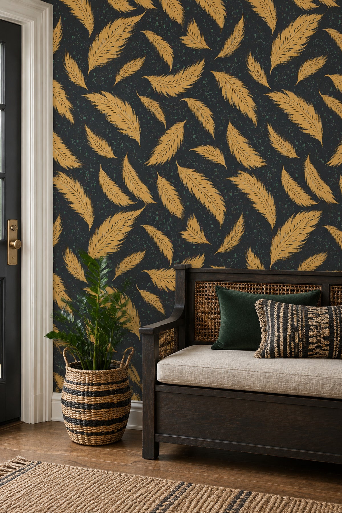Gold Feathers Wallpaper Dark Black Background With Speckled Paint