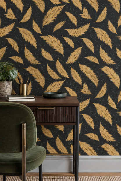 Gold Feathers Wallpaper Dark Black Background With Speckled Paint