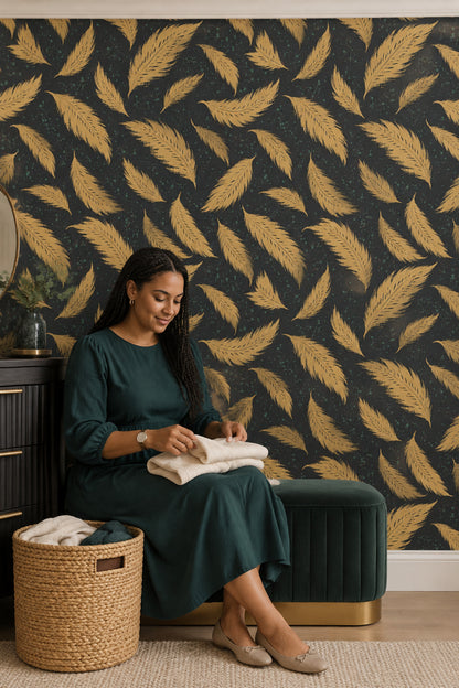 Gold Feathers Wallpaper Dark Black Background With Speckled Paint