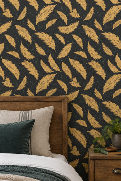 Gold Feathers Wallpaper Dark Black Background With Speckled Paint