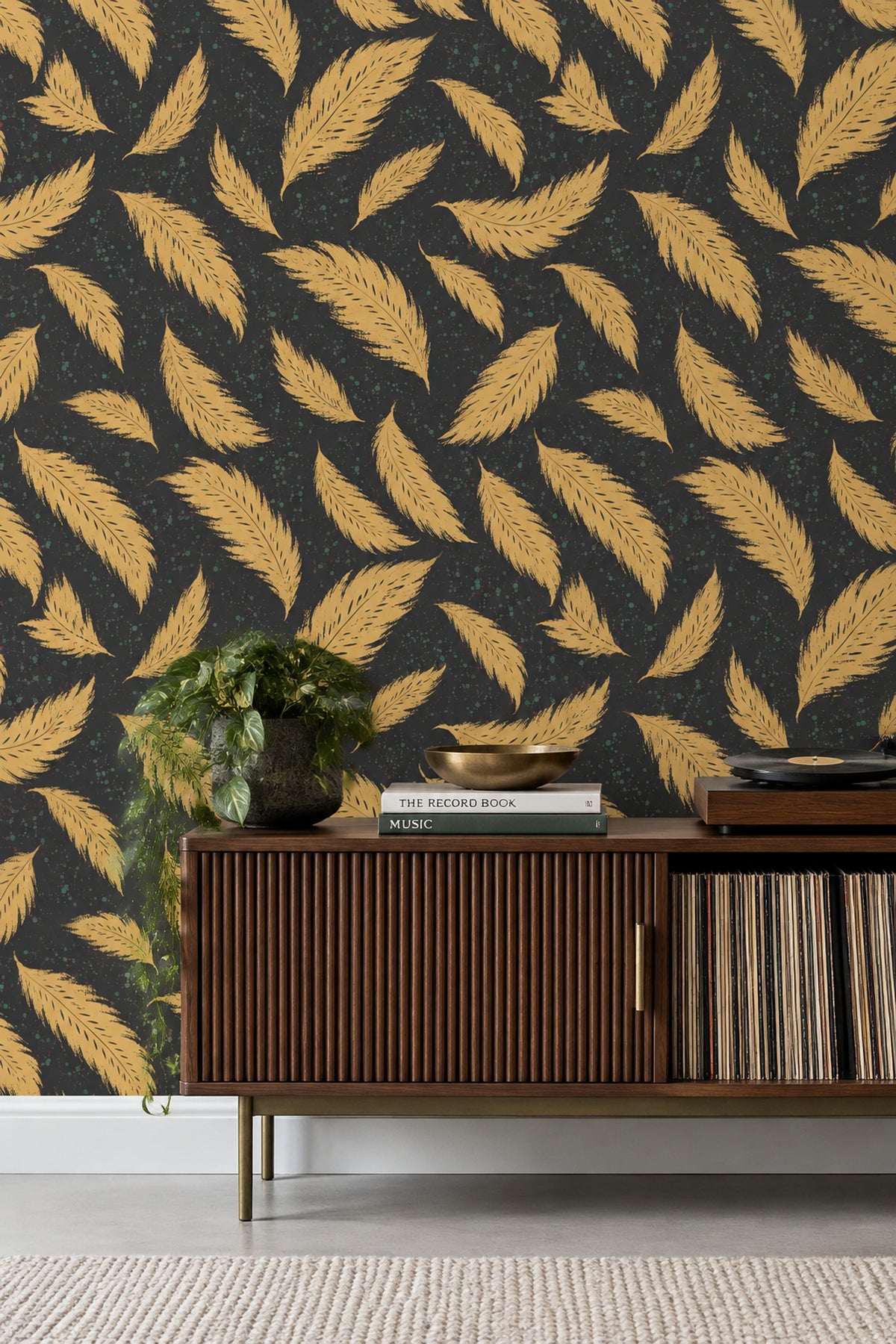 Gold Feathers Wallpaper Dark Black Background With Speckled Paint