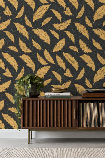 Gold Feathers Wallpaper Dark Black Background With Speckled Paint