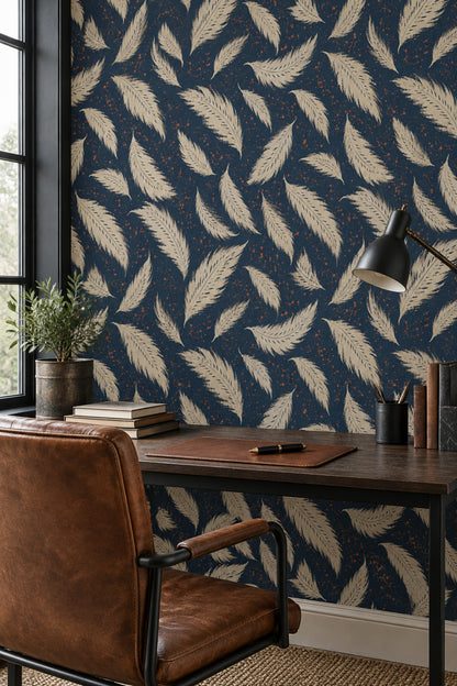 Cream Feather Wallpaper Navy Background With Speckled Paint