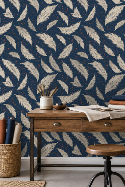 Cream Feather Wallpaper Navy Background With Speckled Paint