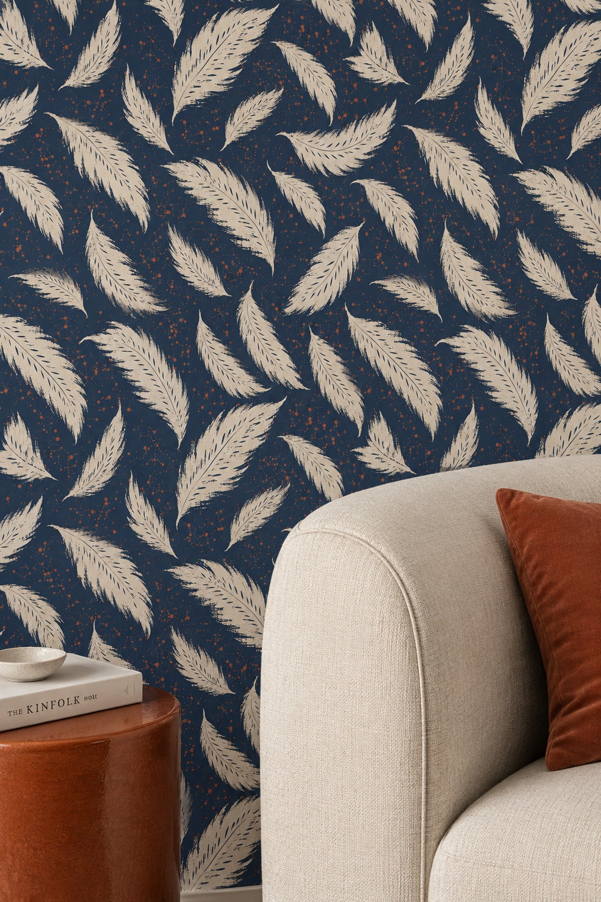 Cream Feather Wallpaper Navy Background With Speckled Paint