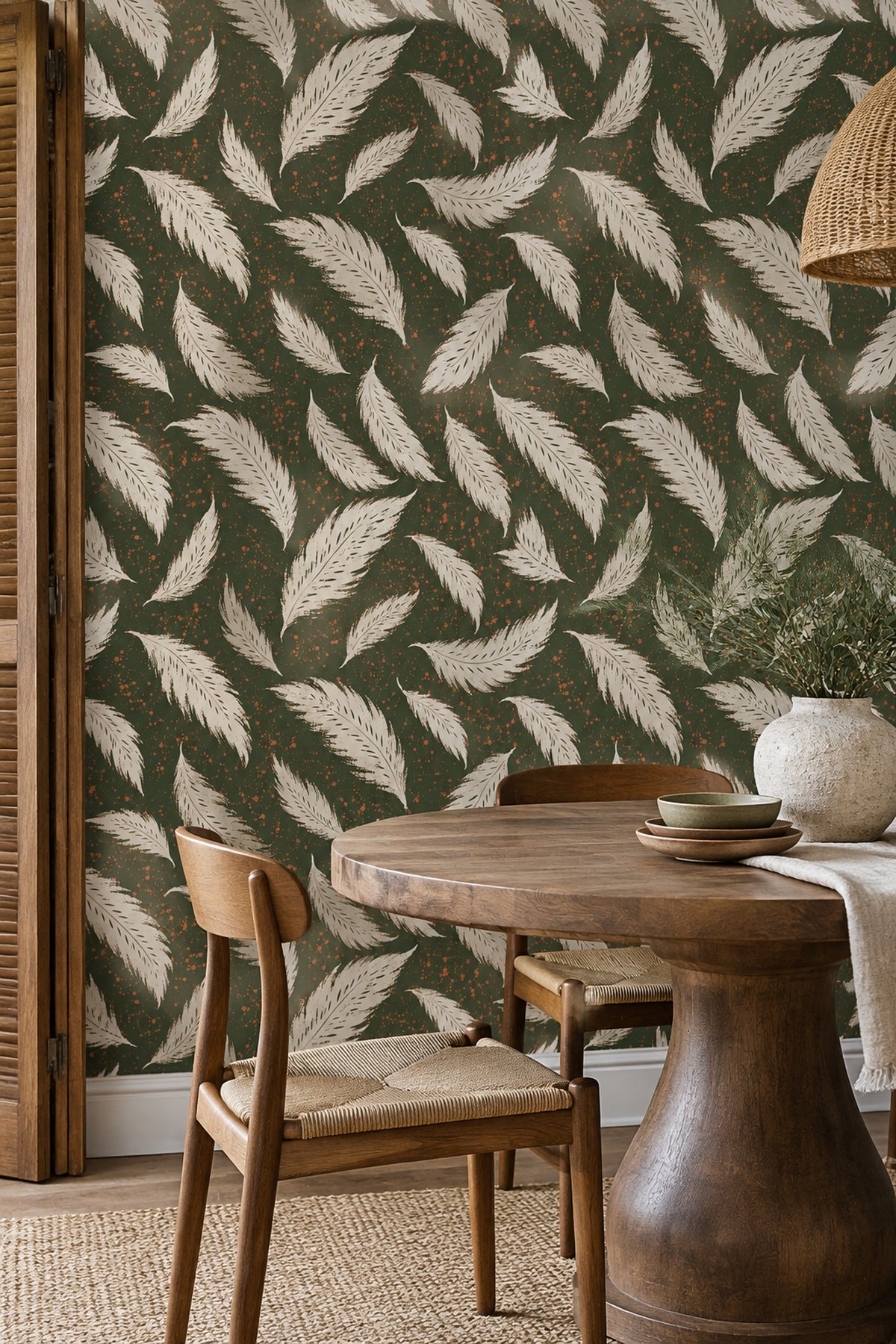 Cream Feather Wallpaper Dark Green Bohemian Repeat
