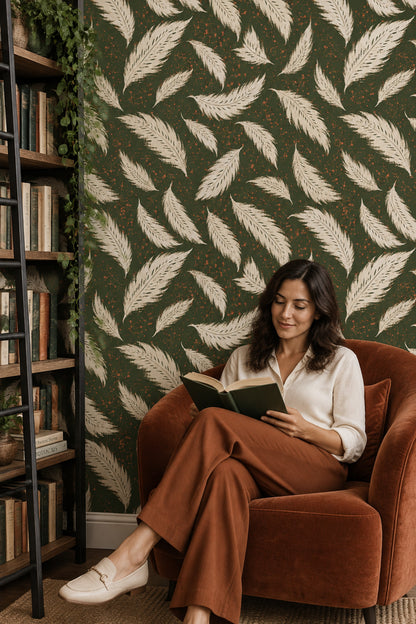 Cream Feather Wallpaper Dark Green Bohemian Repeat
