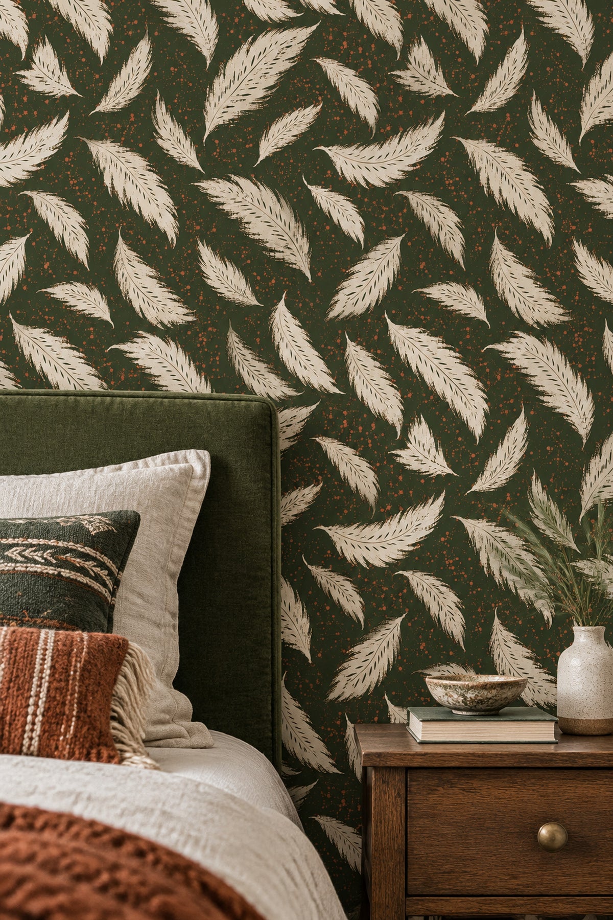Cream Feather Wallpaper Dark Green Bohemian Repeat