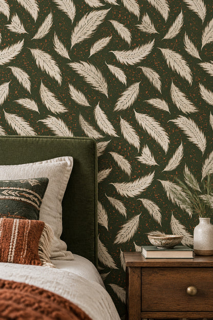 Cream Feather Wallpaper Dark Green Bohemian Repeat