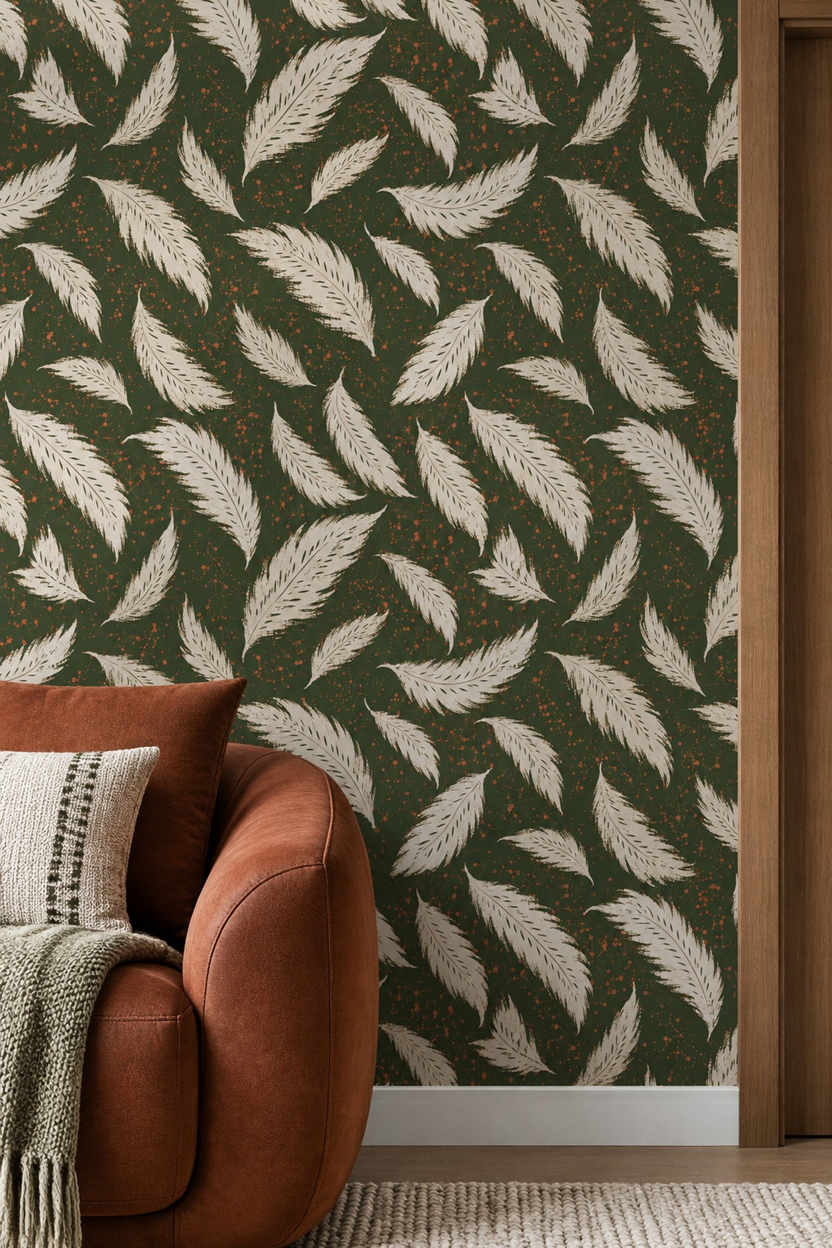 Cream Feather Wallpaper Dark Green Bohemian Repeat