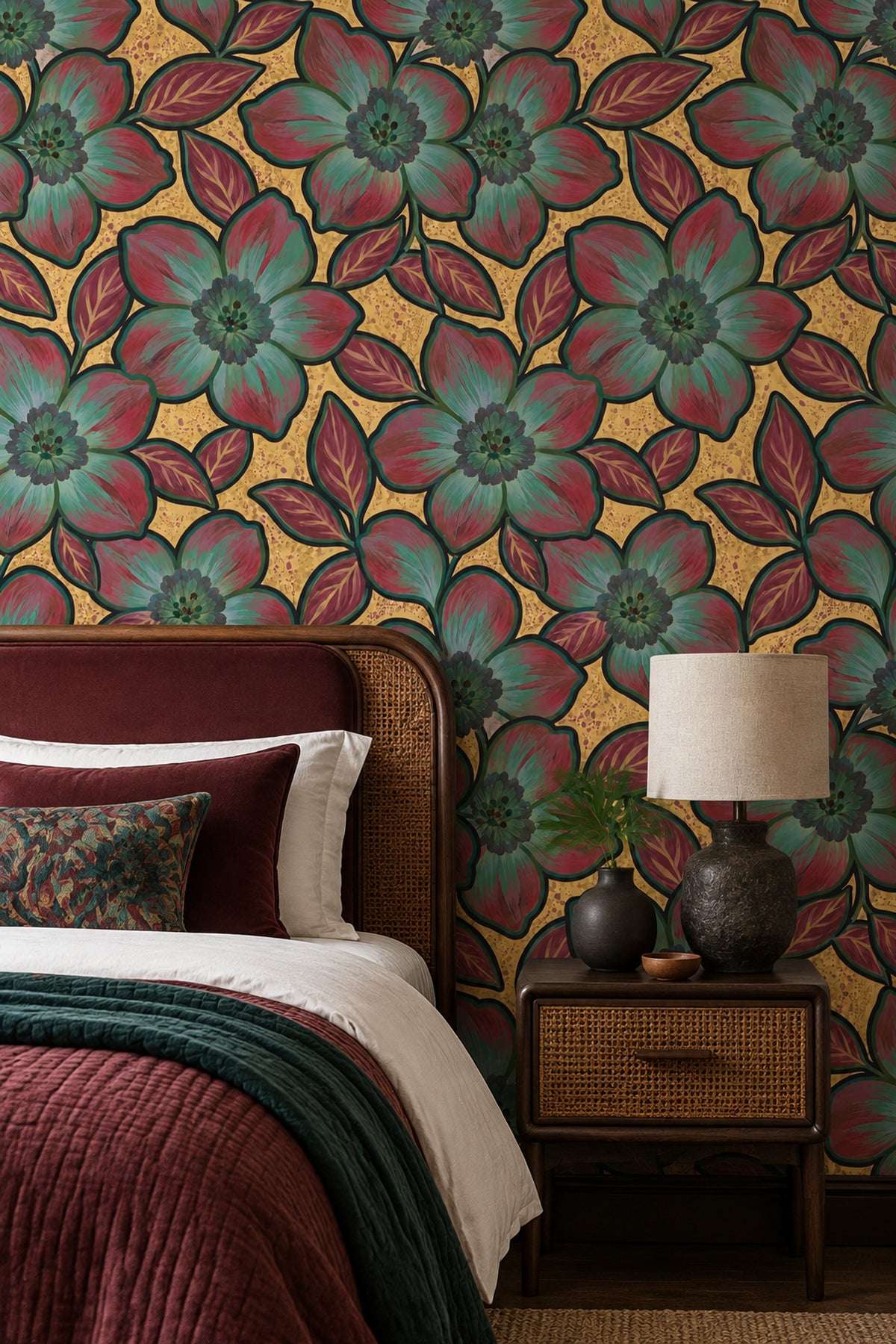 Large Stylized Floral Wallpaper On Gold Beige Texture