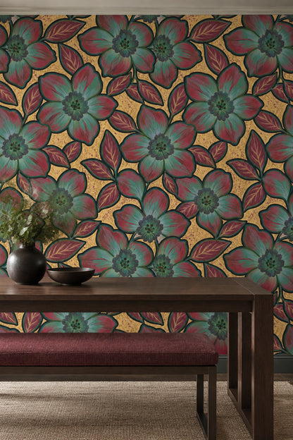 Large Stylized Floral Wallpaper On Gold Beige Texture