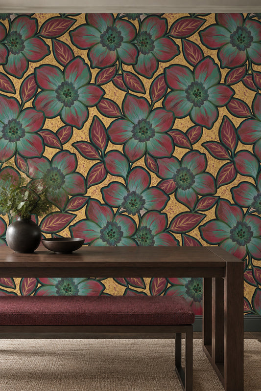 Large Stylized Floral Wallpaper On Gold Beige Texture