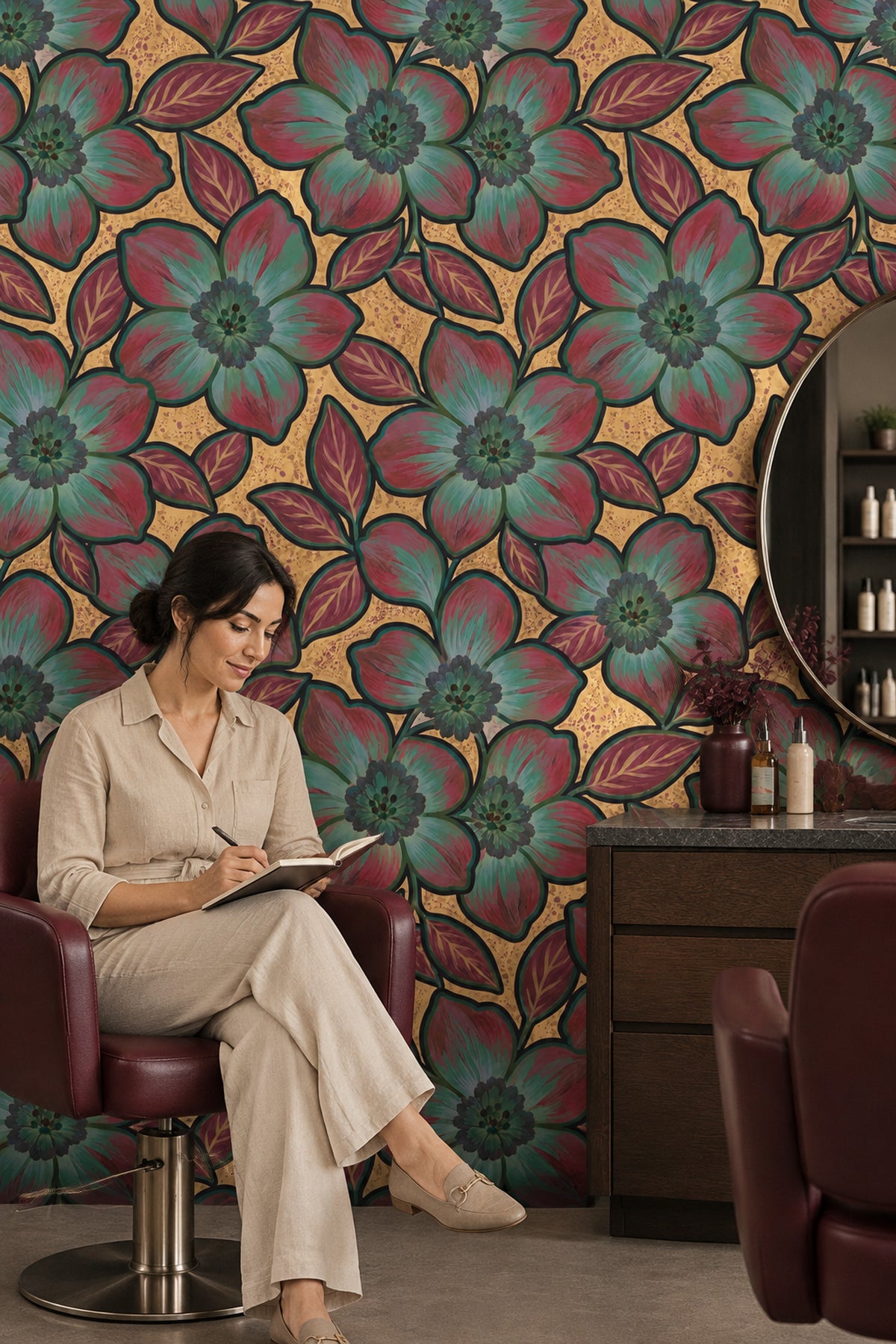 Large Stylized Floral Wallpaper On Gold Beige Texture