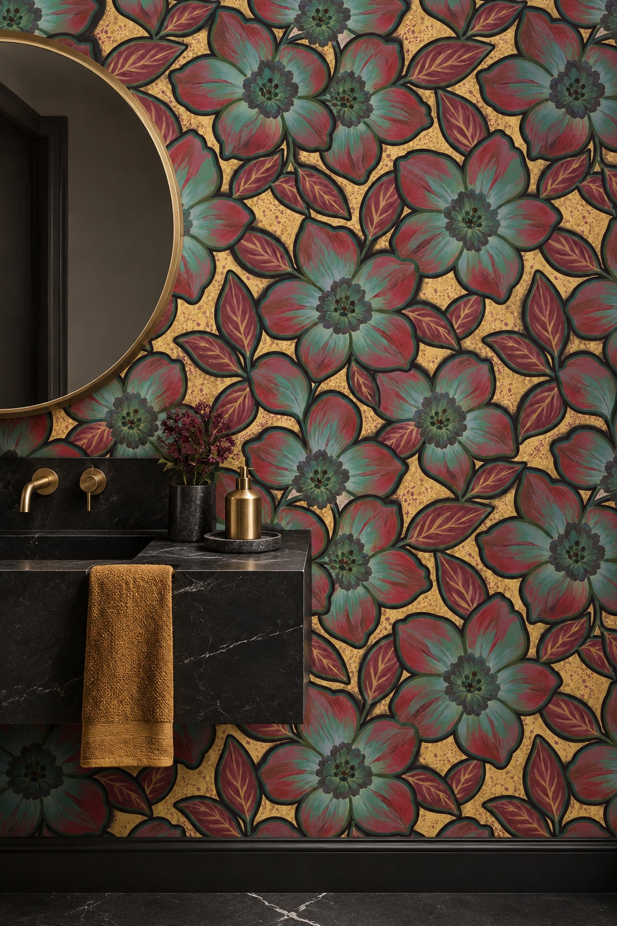 Large Stylized Floral Wallpaper On Gold Beige Texture