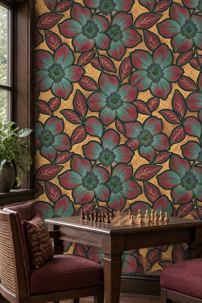 Large Stylized Floral Wallpaper On Gold Beige Texture