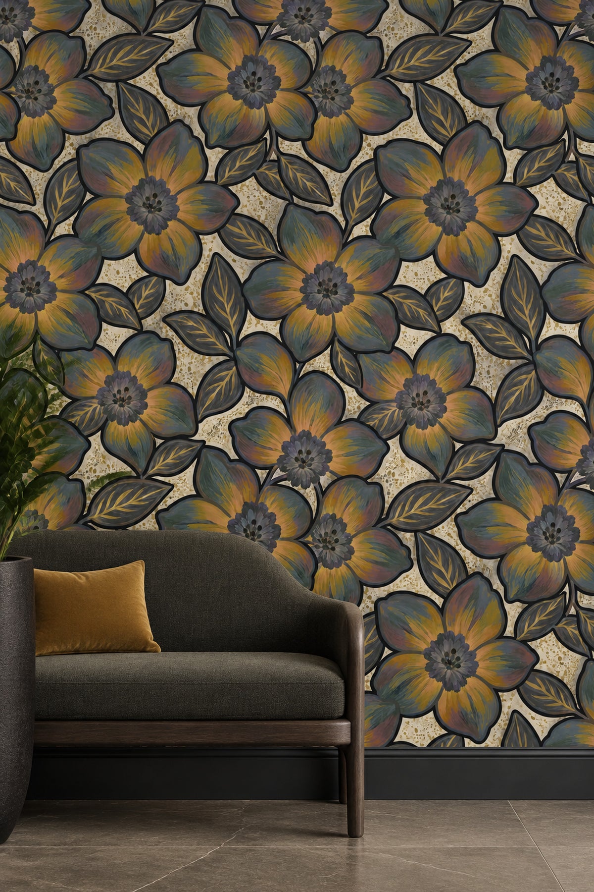 Bold Stylized Floral Wallpaper With Gold Speckled Cream Background